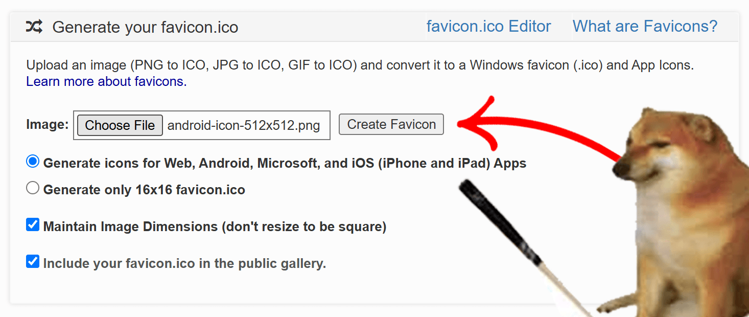 Upload the 512x512 png image, & bonk the favicon button