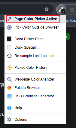 Click on the extension, & select the "Page Color Picker Active."
